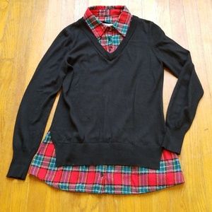 Joseph A Black Plaid Layered V-Neck Sweater
